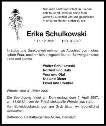 Traueranzeige von Erika Schulkowski von ALLGEMEINE ZEITUNG UELZEN