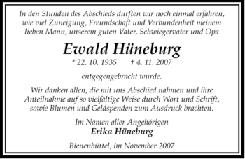 Traueranzeige von Ewald Hüneburg von ALLGEMEINE ZEITUNG UELZEN