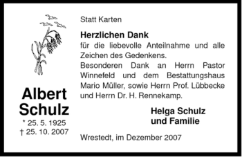 Traueranzeige von Albert Schulz von ALLGEMEINE ZEITUNG UELZEN