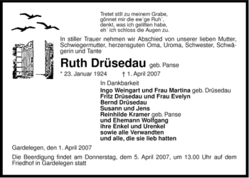 Traueranzeige von Ruth Drüsedau von ALLGEMEINE ZEITUNG UELZEN