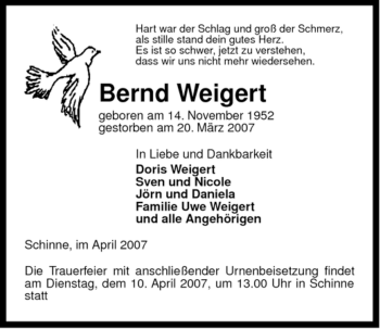 Traueranzeige von Bernd Weigert von ALLGEMEINE ZEITUNG UELZEN