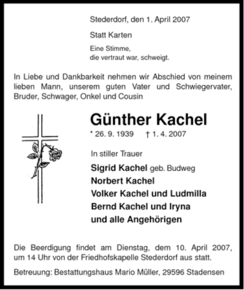 Traueranzeige von Günther Kachel von ALLGEMEINE ZEITUNG UELZEN