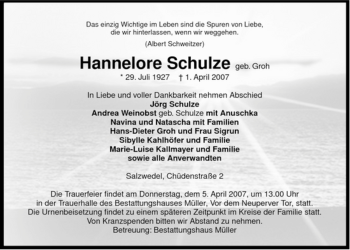 Traueranzeige von Hannelore Schulze von ALLGEMEINE ZEITUNG UELZEN