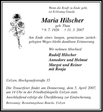 Traueranzeige von Maria Hilscher von ALLGEMEINE ZEITUNG UELZEN