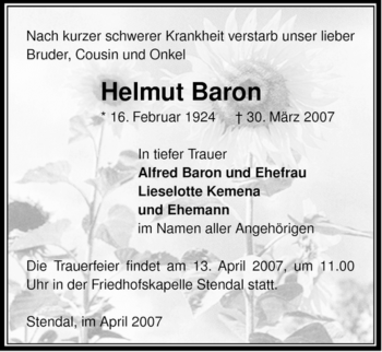 Traueranzeige von Helmut Baron von ALLGEMEINE ZEITUNG UELZEN