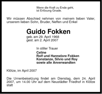 Traueranzeige von Guido Fokken von ALLGEMEINE ZEITUNG UELZEN