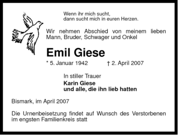 Traueranzeige von Emil Giese von ALLGEMEINE ZEITUNG UELZEN