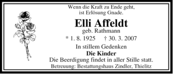Traueranzeige von Elli Affeldt von ALLGEMEINE ZEITUNG UELZEN