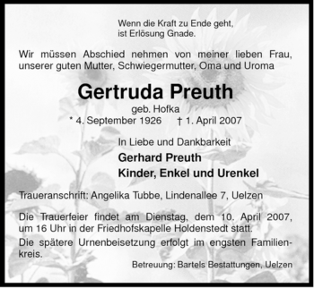 Traueranzeige von Gertruda Preuth von ALLGEMEINE ZEITUNG UELZEN
