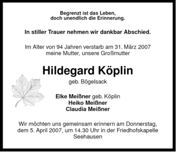 Traueranzeige von Hildegard Köplin von ALLGEMEINE ZEITUNG UELZEN