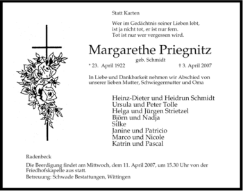 Traueranzeige von Margarethe Priegnitz von ALLGEMEINE ZEITUNG UELZEN