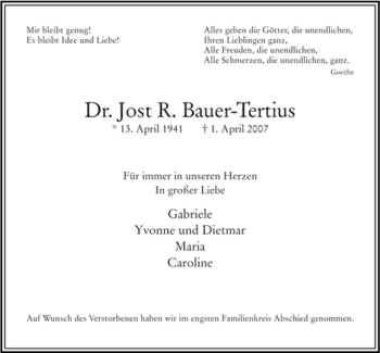 Traueranzeige von Jost R. Bauer-Tertius von ALLGEMEINE ZEITUNG UELZEN