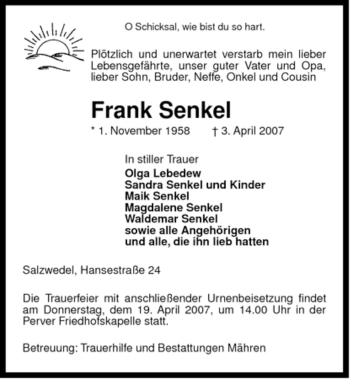 Traueranzeige von Frank Senkel von ALLGEMEINE ZEITUNG UELZEN
