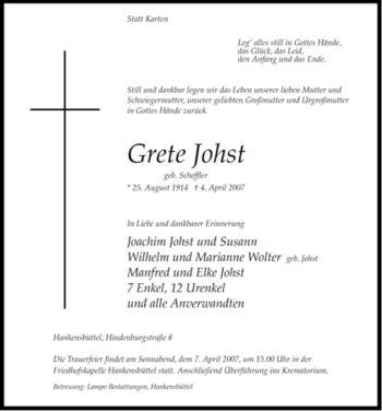 Traueranzeige von Grete Johst von ALLGEMEINE ZEITUNG UELZEN