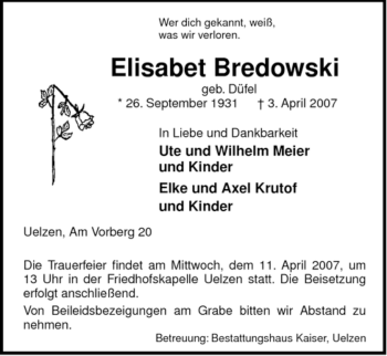 Traueranzeige von Elisabet Bredowski von ALLGEMEINE ZEITUNG UELZEN