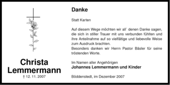 Traueranzeige von Christa Lemmermann von ALLGEMEINE ZEITUNG UELZEN