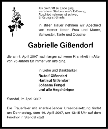 Traueranzeige von Gabrielle Gißendorf von ALLGEMEINE ZEITUNG UELZEN