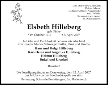 Traueranzeige von Elsbeth Hilleberg von ALLGEMEINE ZEITUNG UELZEN