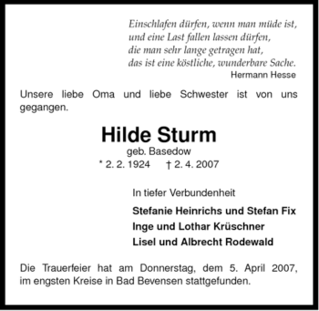 Traueranzeige von Hilde Sturm von ALLGEMEINE ZEITUNG UELZEN