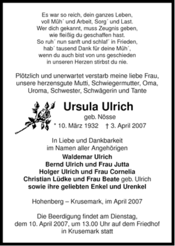 Traueranzeige von Ursula Ulrich von ALLGEMEINE ZEITUNG UELZEN