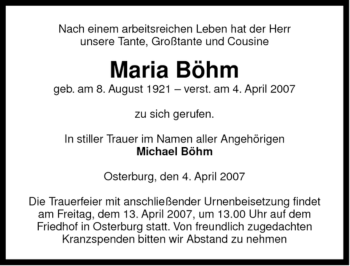 Traueranzeige von Maria Böhm von ALLGEMEINE ZEITUNG UELZEN
