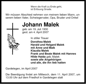 Traueranzeige von Johann Malek von ALLGEMEINE ZEITUNG UELZEN