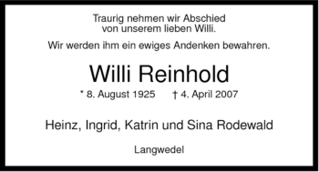 Traueranzeige von Willi Reinhold von ALLGEMEINE ZEITUNG UELZEN