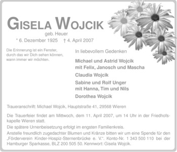 Traueranzeige von Gisela Wojcik von ALLGEMEINE ZEITUNG UELZEN