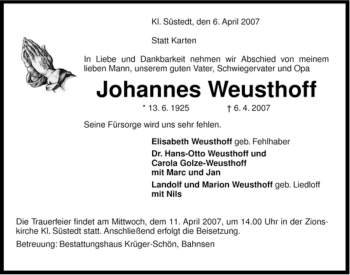 Traueranzeige von Johannes Weusthoff von ALLGEMEINE ZEITUNG UELZEN