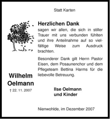 Traueranzeige von Wilhelm Oelmann von ALLGEMEINE ZEITUNG UELZEN