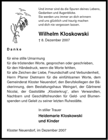 Traueranzeige von Wilhelm Kloskowski von ALLGEMEINE ZEITUNG UELZEN