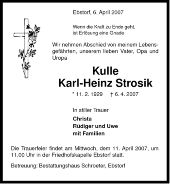 Traueranzeige von Karl-Heinz Strosik von ALLGEMEINE ZEITUNG UELZEN