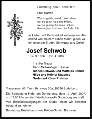 Traueranzeige von Josef Schwob von ALLGEMEINE ZEITUNG UELZEN