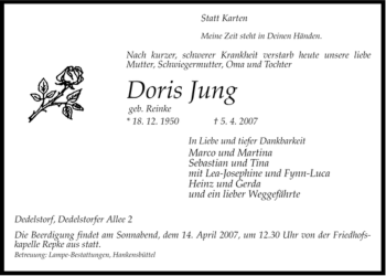 Traueranzeige von Doris Jung von ALLGEMEINE ZEITUNG UELZEN