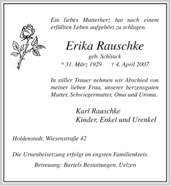 Traueranzeige von Erika Rauschke von ALLGEMEINE ZEITUNG UELZEN