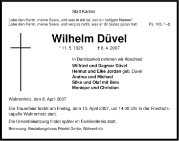 Traueranzeige von Wilhelm Düvel von ALLGEMEINE ZEITUNG UELZEN