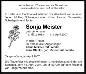 Traueranzeige von Sonja Meister von ALLGEMEINE ZEITUNG UELZEN