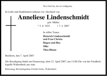 Traueranzeige von Anneliese Lindenschmidt von ALLGEMEINE ZEITUNG UELZEN