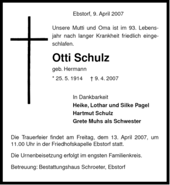 Traueranzeige von Otti Schulz von ALLGEMEINE ZEITUNG UELZEN