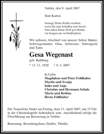 Traueranzeige von Gesa Wegenast von ALLGEMEINE ZEITUNG UELZEN