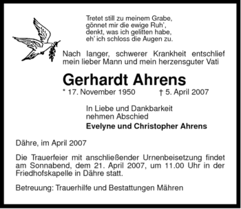 Traueranzeige von Gerhardt Ahrens von ALLGEMEINE ZEITUNG UELZEN