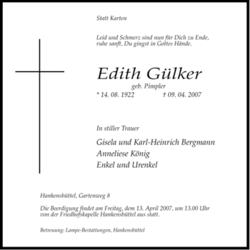 Traueranzeige von Edith Gülker von ALLGEMEINE ZEITUNG UELZEN