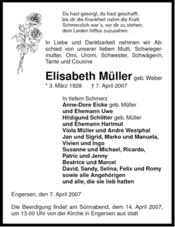 Traueranzeige von Elisabeth Müller von ALLGEMEINE ZEITUNG UELZEN