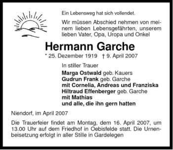 Traueranzeige von Hermann Garche von ALLGEMEINE ZEITUNG UELZEN