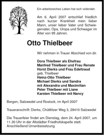 Traueranzeige von Otto Thielbeer von ALLGEMEINE ZEITUNG UELZEN