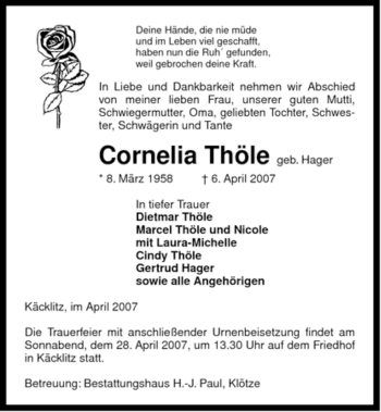 Traueranzeige von Cornelia Thöle von ALLGEMEINE ZEITUNG UELZEN