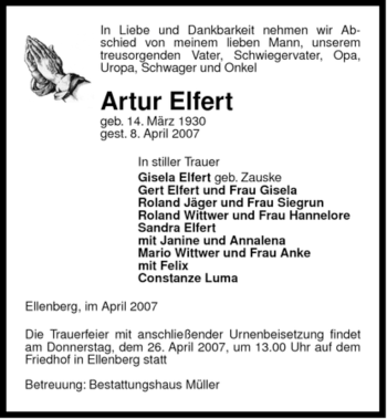 Traueranzeige von Artur Elfert von ALLGEMEINE ZEITUNG UELZEN