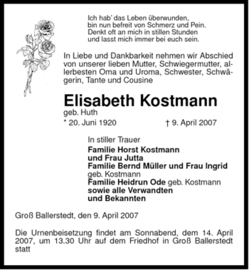 Traueranzeige von Elisabeth Kostmann von ALLGEMEINE ZEITUNG UELZEN