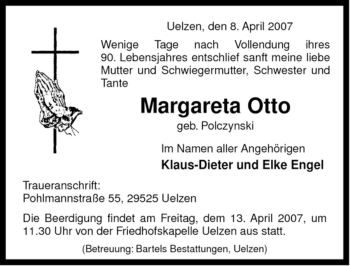 Traueranzeige von Margareta Otto von ALLGEMEINE ZEITUNG UELZEN