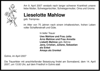 Traueranzeige von Lieselotte Mahlow von ALLGEMEINE ZEITUNG UELZEN